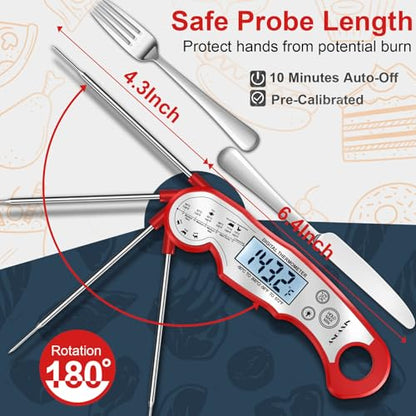 Meat Thermometer Digital - Fast Instant Read Food Thermometer for Cooking, Candy, Outside Grill, and Roast, Digital Food Thermometer with Backlight LCD & Calibration - Red/Silver - color: Red/Silver