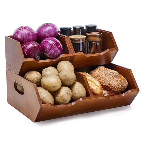 HYPIGO Large Capacity Potato and Onion Storage Bins | Stackable Wood Pantry Storage Baskets, Kitchen Pantry Organizers for Vegetables, Bread, Spices, Set of 3