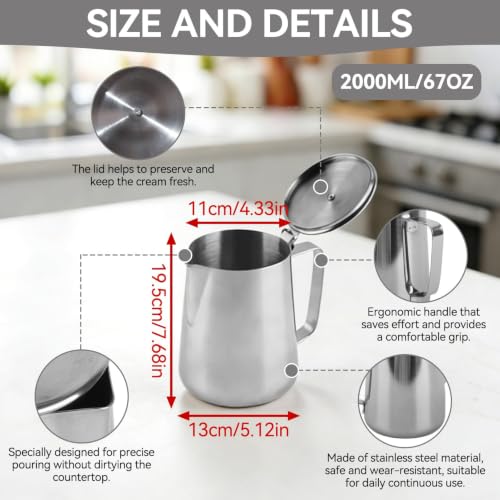 Milk Frothing Pitcher, Stainless Steel Milk Steaming Pitcher with Lid, Coffee Cup Mug Espresso Coffee Milk Frothing Jug Coffee Creamer Container Dispenser Cup Mug for Latte Coffee Art (2000ML) - size: 2000ML