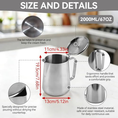 Milk Frothing Pitcher, Stainless Steel Milk Steaming Pitcher with Lid, Coffee Cup Mug Espresso Coffee Milk Frothing Jug Coffee Creamer Container Dispenser Cup Mug for Latte Coffee Art (2000ML) - size: 2000ML