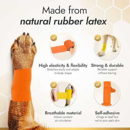 Self-Adhering Elastic Dog Bandages for Wounds – Cat & Dog Bandage Prevents Licking and Scratching – Made from Natural Rubber Latex, the Wrap Sticks to Itself – Set of 9 x 5 cm Rolls - size: Bandages