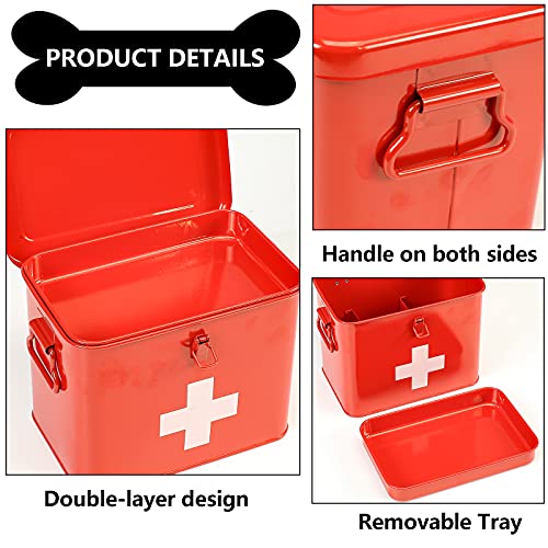 First Aid Kit, First Aid Medicine Supplies Bin - 2-Tier Metal Medicine Storage Tin, Samll First Aid Box with Removable Tray for Home & Workplace Emergency Tool Set - Red