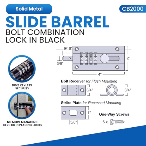 Combi-Bolt 4-Digit Combination Sliding Bolt Gate Lock, Secure Gates, Sheds, Windows, Doors, Barns, Fences, Iron or Wooden Gates, Equipment, Tools, Backyards, Livestock, and More (CB2000-BLACK) - color: Black