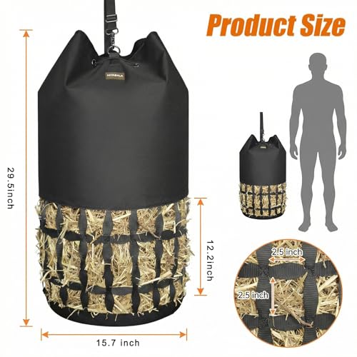 Hay Bags for Horses, Cylindrical Slow Feed Hay Bag | with Rounded Diamond Nets Design for Goats, Horse, Donkey, Large Easy-Fill Top with Drawstring and Adjustable Strap