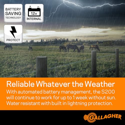 Gallagher S200 Solar Electric Fence Charger | 2.0 Joule Solar Powered Fence Energizer | Two Power Modes for Wildlife Deterrence and Livestock Containment | Solar Batteries and Leadsets Included