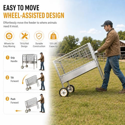 Portable Goat Feeder – Rolling Galvanized Steel Frame, 2 in 1 Hay & Grain Feeder, 30 Lb Unit Weight, Livestock Feeder with Wheels, Great for Sheep, Alpaca & Cattle