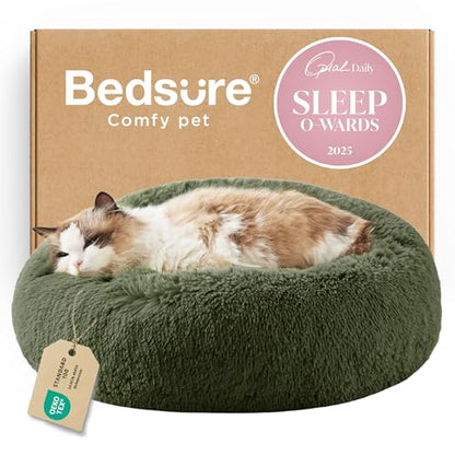 Bedsure Calming Cat Beds Donut Round Washable Kitten Bed,20 inches Green | Fluffy Faux Fur Cuddler,Machine Washable,Anti-Slip Bottom,Anti-Anxiety,Deep Sleeping for Cats&Small Pets Up to 15 Lbs - color: Rifle Green, size: 20"L x 20"W x 6"Th