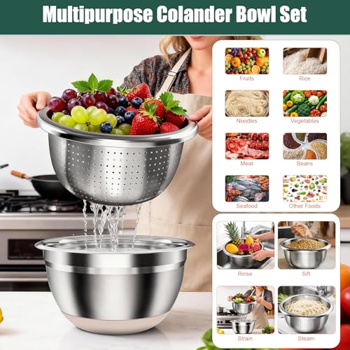 Stainless Steel Mixing Bowls Set with Lids & Silicone Base,7‑Piece Set - color: Khaki