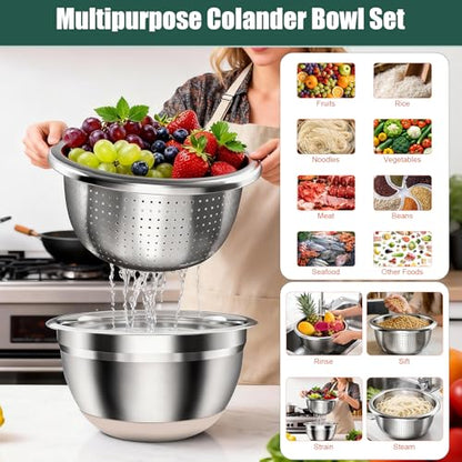 Stainless Steel Mixing Bowls Set with Lids & Silicone Base,7‑Piece Set - color: Khaki