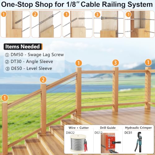 Cable Railing Hardware 1/8" T316 Swage Lag Screws for Wood Post 100Pack | Marine Grade T316 Stainless Steel, Right & Left Hand Thread for Stair/Deck Cable Railing Kits with Wrench, Steel DN Mate DM50 - color: Silver