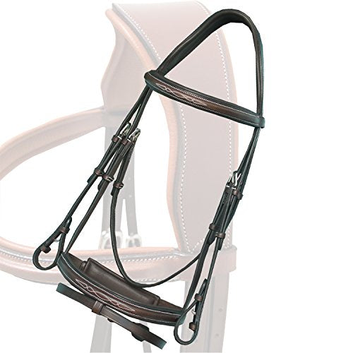 Exion Horse Snaffle Jumping Bridle with Removable Flash & Rubber Reins | Anatomical MonoCrown, Padded Noseband, Fancy Stitched Browband | English Bridle - color: Havana (Choco Brown), size: Cob (Medium Size)