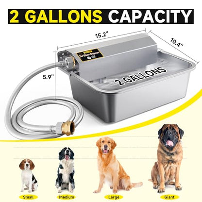 Automatic Dog Water Dispenser, 2 Gallons 304 Stainless Steel Large Dog Water Bowl Dispenser for Indoor/Outdoor, Pet & Livestock Water Feeder, Auto Fill, Fits GHT 3/4" Faucet, Easy to Clean
