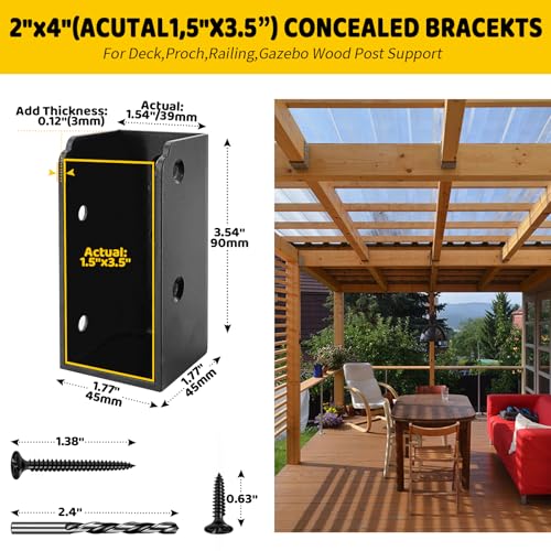 Deck Railing Concealed Brackets,DIY Woodwork Concealed-Flange Hanger for 2" x 4”(Actual:1.5" x 3.5") Wood Beam,U-Shaped Joist Hanger Bracket for Wood Fence,Deck Handrails,Staircase - 12Pack