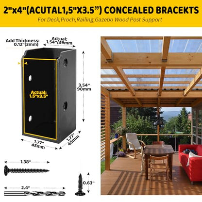 Deck Railing Concealed Brackets,DIY Woodwork Concealed-Flange Hanger for 2" x 4”(Actual:1.5" x 3.5") Wood Beam,U-Shaped Joist Hanger Bracket for Wood Fence,Deck Handrails,Staircase - 12Pack