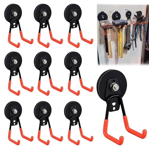 ULIBERMAGNET Heavy Duty Magnetic Garage Hook,10 Pack Strong Large Magnet Hooks for Power Drill,Garden Tools,Hose,Pegboard,Garage, Workshop,Magnetic Storage Hooks for Indoor Outdoor Hanging(Orange) - style: 2.59INCH 10PACK Orange Medium Hooks