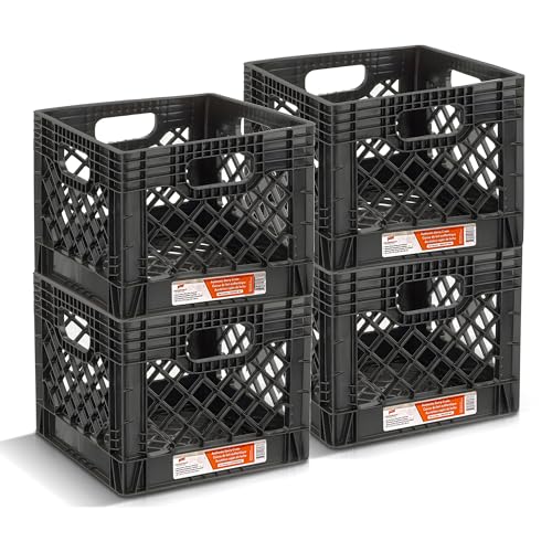Juggernaut Storage Heavy Duty Milk Crates, 4 Handles, 16 Qt, Black, 4-Pack - color: Black, size: 16 Quart 4-pack