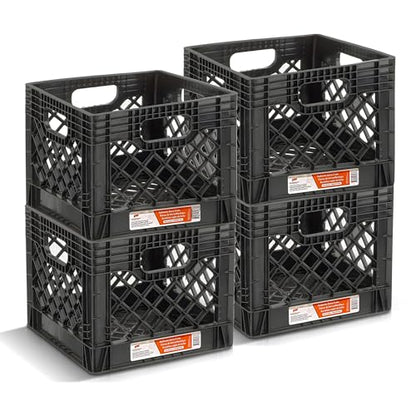 Juggernaut Storage Heavy Duty Milk Crates, 4 Handles, 16 Qt, Black, 4-Pack - color: Black, size: 16 Quart 4-pack