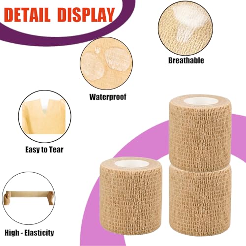 3 Pack 2 Inches Self Adhesive Bandage Wrap Vet Wrap for Pets, Stretch Self Adherent Tape Cohesive Wrap for Athletic, Sports, Wrist and Ankle(Skin)