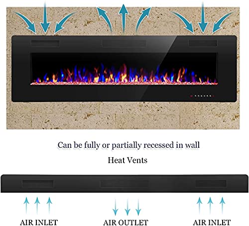 R.W.FLAME 68 inch Recessed and Wall Mounted Electric Fireplace, Ultra Thin and Low Noise,Fit for 2 x 6 Stud, Remote Control with Timer,Touch Screen,Adjustable Flame Color and Speed - size: 68"