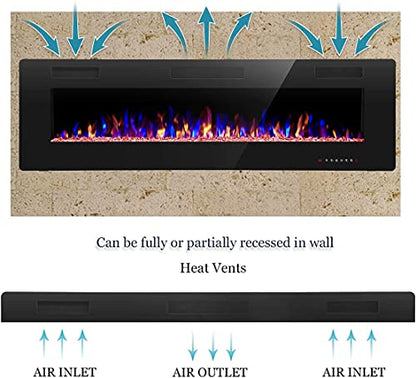 R.W.FLAME 68 inch Recessed and Wall Mounted Electric Fireplace, Ultra Thin and Low Noise,Fit for 2 x 6 Stud, Remote Control with Timer,Touch Screen,Adjustable Flame Color and Speed - size: 68"