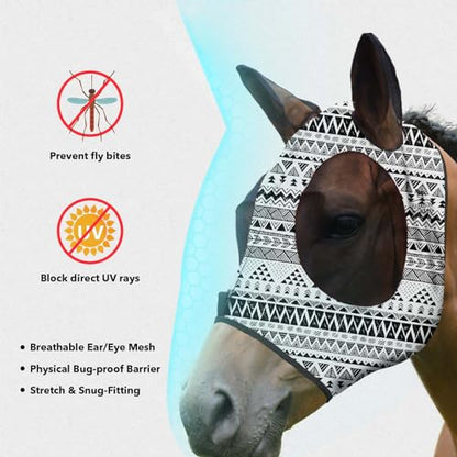 Harrison Howard Super Comfort Stretchy Fly Mask Large Eye Space with UV Protection Soft on Skin with Breathability Doodle Aztec M Cob - color: Doodle Aztec, size: Cob (Medium)