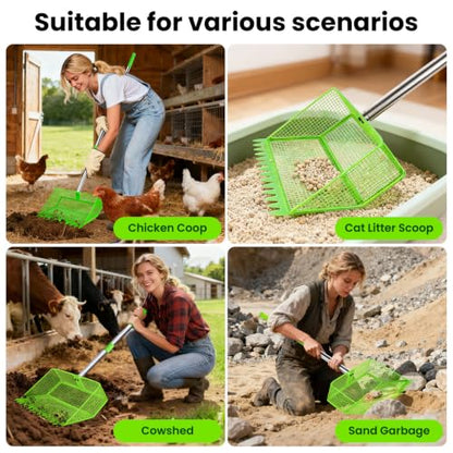 2026 Upgraded 2-in-1 Chicken Poop Scooper & Rake with Handle, 12inch Heavy-Duty Metal Chicken Coop Scoop for Sand Sifting Shovel Litter Scooper for Farm House Chicken Coop Cleaning Tools Accessories - color: Green