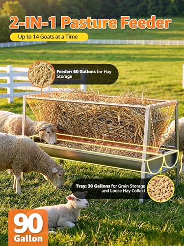 Pasture Feeder, 90 Gallons Multiple Sided Goat Hay Feeder, Stainless Steel Hay Rack with 27'' Wide Tray for Goats, Sheep, Horses, Lamb, Ease of Assembly, Detachable Grain Tray, Silver - style: Stainless Steel