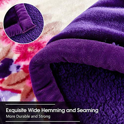 JML Sherpa Flannel Blanket, 3-Ply Fleece Blanket with 2 Pillow Shams- Soft, Warm, Korean Style Printed Embossed Bed Blanket, Purple