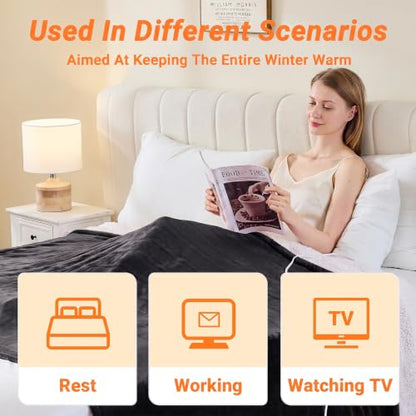 Heated Blanket Electric Throw, 50"x60" Soft Flannel Heating Blanket with 8 Hours Auto Off 10 Fast Heating Levels Machine Washable Sherpa Heated Throw Blanket with Overheating Protection - color: Black, size: Throw(50" x 60")