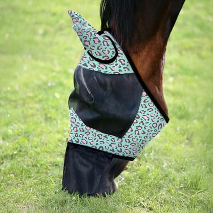 Jeffers Deluxe Mesh Horse Fly Mask w/Ears & Nose, Oversize – Breathable, Soft Mesh Ears & Poll, Extended Nose Coverage, Fleece Trim, Stretch Fit, Hook & Loop Closure, UV Protection - Party Cheetah - color: Party Cheetah, size: Oversize