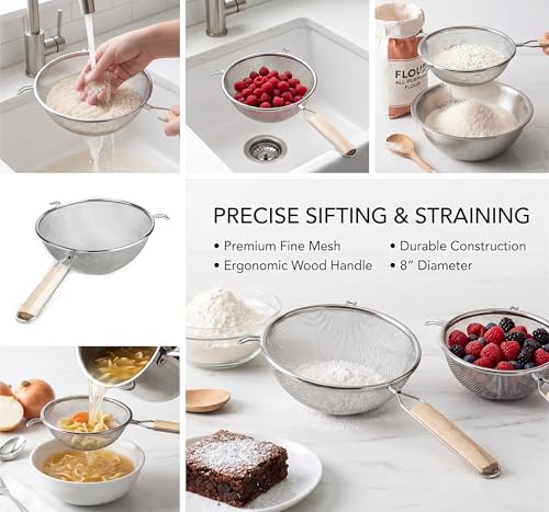 Huji 8-Inch Stainless Steel Double Mesh Food Strainer Colander - Fine Sieve Sifter with Wooden Handle for Kitchen Cooking, Pasta, Rice, Noodles, and More