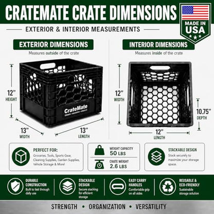 CrateMate Heavy-Duty Black Milk Crates for Storage, Organization & DIY | Perfect for Home, Camping, Worksite, & More - USA Made, Stackable, Durable (16 Quart) - size: 16 Quart
