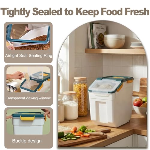 RUIAN 2Pcs Large Flour Storage Container Bin 50Lb Airtight Rice Storage Containers with Wheels Seal Locking Lid, BPA Free with Measuring Cup&Scoop for Flour, Rice, Grain 100LBS Total (Blue) - color: Blue,2 pcs,50lb