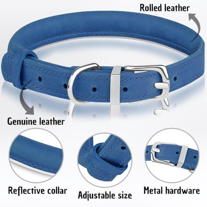 OOPSDOGGY Rolled Leather Dog Collar Reflective – Genuine Leather Round Dog Collar for Small Medium Large Dogs (Blue, 8" - 11") - color: Blue, size: 8" - 11"