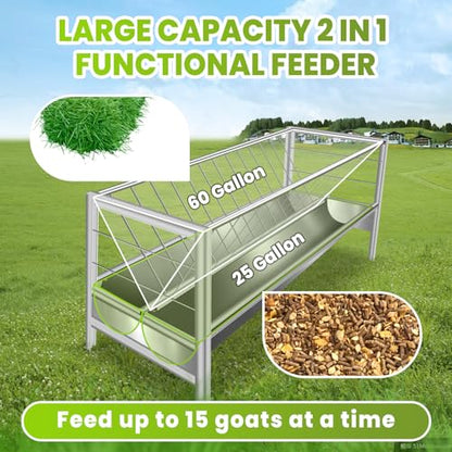 85 Gallon Stainless Steel Hay Feeder for Livestock, 2-in-1 Rust-Proof Goat & Sheep Trough with Rack, Heavy Duty Farm Feeder, Reduces Waste & Mess