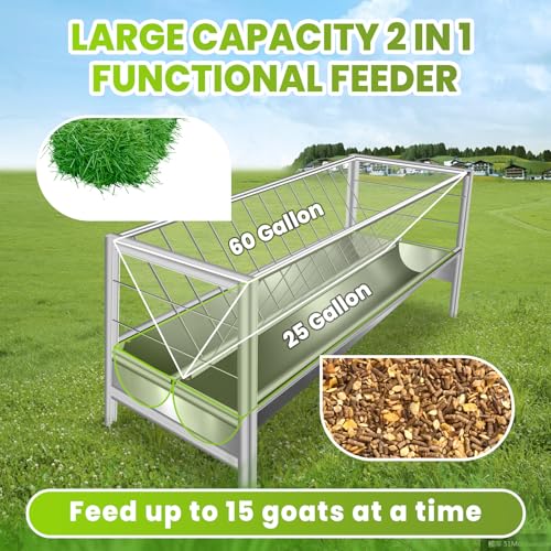 2-in-1 Livestock Hay Feeder 85 Gallon, Heavy Duty Stainless Steel Trough and Rack Combo, 5 Ft Freestanding Goat & Sheep Feeder for Barn and Pasture, Rust Resistant