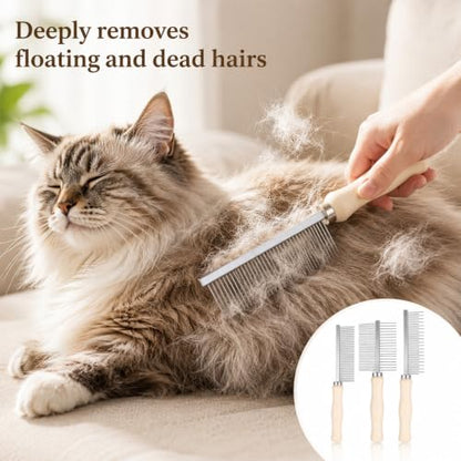 3 Pcs Metal Dog Grooming Comb with Wooden Handle for Grooming Matting | Metal Comb for Dogs Pet Grooming Comb for Dogs and Cats, Prevents Hair Pulling