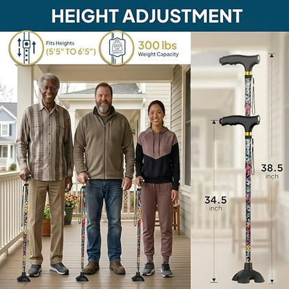 Walking Cane with LED Light, Foldable,Adjustable, Self Standing Walking Canes for Men & Women,Walking Sticks with Quad Base for Seniors & Adults - color: Red flowers