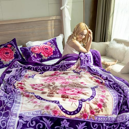 JML Sherpa Flannel Blanket, 3-Ply Fleece Blanket with 2 Pillow Shams- Soft, Warm, Korean Style Printed Embossed Bed Blanket, Purple