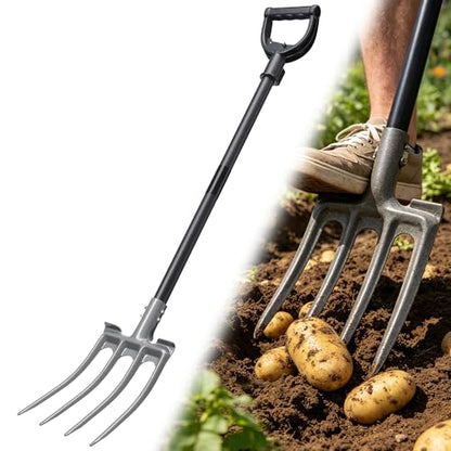 Pitch Fork, Metal Broadfork Garden Tool Long Handle, 4 Tine Mulch Hay Manure Digging Bedding Hay Potato Garden Fork Shovel for Gardening Loosening Soil Compost - size: 45"