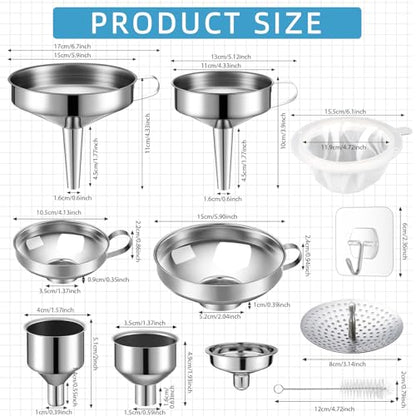 Baderke 17 pcs Stainless Steel Funnel Set Wide Mouth Canning Funnels Metal Mason Jar Funnel with Strainer Kitchen Funnels for Filling Mason Jars Mesh Filter Brushes and Adhesive Hooks, Silver