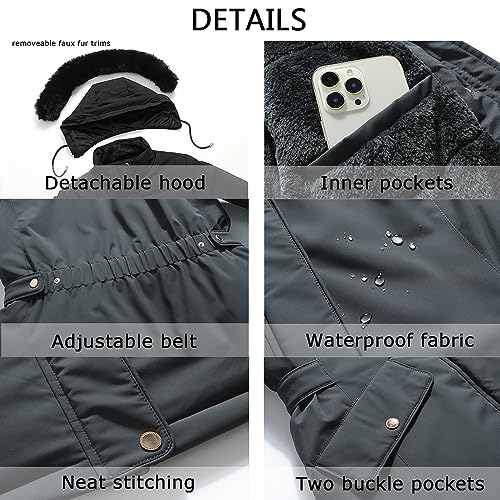 MOERDENG Women's Long Winter Down Coat Thicken Fleece Lined Puffer Jacket | Faux Fur Detachable Hood Parka Warm,Waterproof and Windproof Overcoat - color: Darkgrey, size: Large