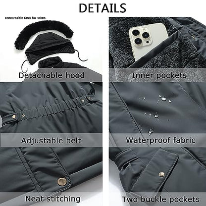 MOERDENG Women's Long Winter Down Coat Thicken Fleece Lined Puffer Jacket | Faux Fur Detachable Hood Parka Warm,Waterproof and Windproof Overcoat - color: Darkgrey, size: Large