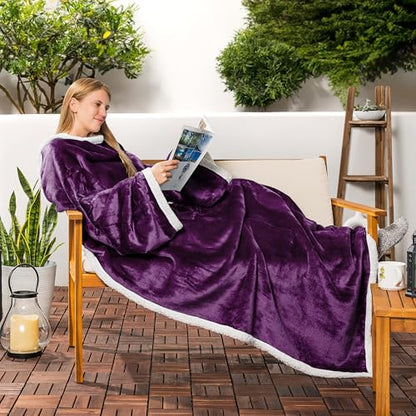 PAVILIA Sherpa Wearable Blanket with Sleeves and Pocket, Plush Thick Cozy Body Blanket Wrap for Adult Women Men, Christmas Gift for Wife Mom, Purple - color: Violet Purple