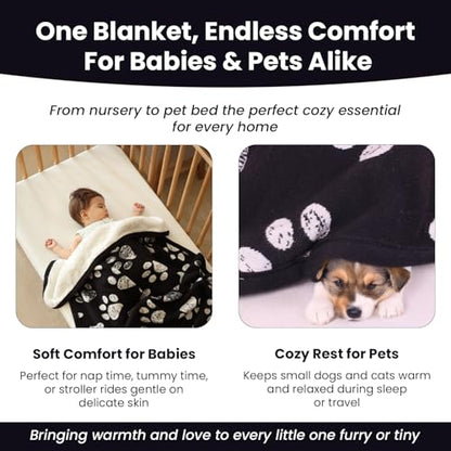 Organic Cotton Pet Blanket 30x40, Sherpa, Beige Jacquard Paw - color: Beige Paw/Black