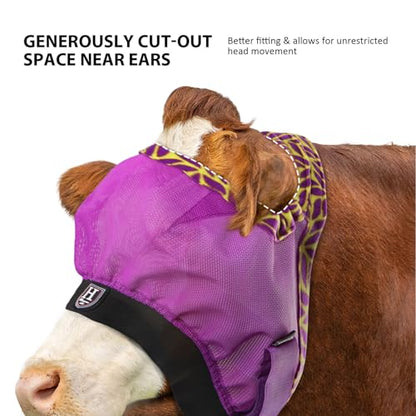 Harrison Howard Cattle Livestock Fly Mask Breathable Mesh Padded Edging with Fun Patterns Large Spacing Forelock Opening Design Adjustable Fit for Cattle Purple - color: Purple