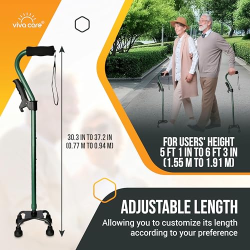 Walking Cane with 4 Prongs and Extra Side Handle – Adjustable, for Balance & Stability for Adults, Seniors, and Injured. - color: Green