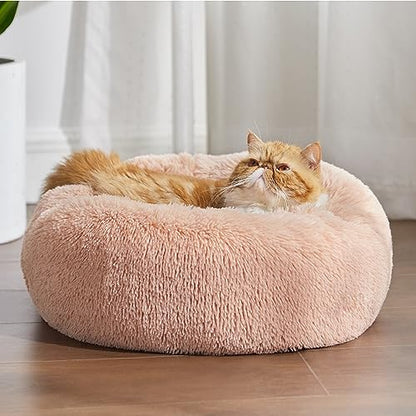 Bedsure Calming Cat Beds Donut Round Washable Kitten Bed,20 inches Pink | Fluffy Faux Fur Cuddler,Machine Washable,Anti-Slip Bottom,Anti-Anxiety,Deep Sleeping for Cats&Small Pets Up to 15 Lbs - color: Pink, size: 20"L x 20"W x 6"Th
