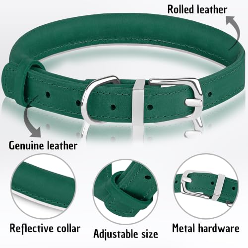OOPSDOGGY Rolled Leather Dog Collar Reflective – Genuine Leather Round Dog Collar for Small Medium Large Dogs (Emerald Green, 8" - 11") - color: Emerald Green, size: 8" - 11"