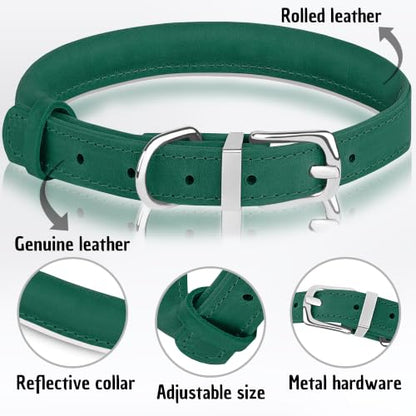 OOPSDOGGY Rolled Leather Dog Collar Reflective – Genuine Leather Round Dog Collar for Small Medium Large Dogs (Emerald Green, 8" - 11") - color: Emerald Green, size: 8" - 11"